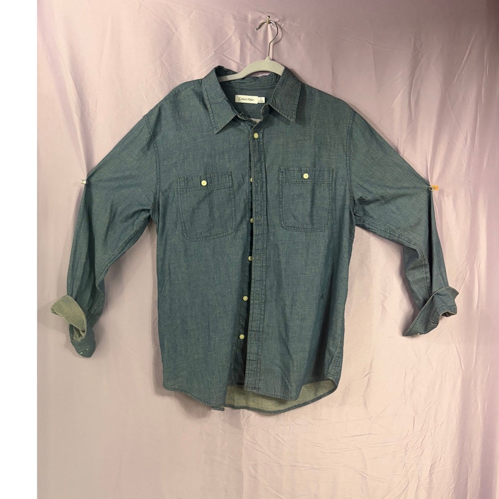 Calvin Klein Mens Blue Chambray Denim Button Down Shirt Long Sleeve Size Medium